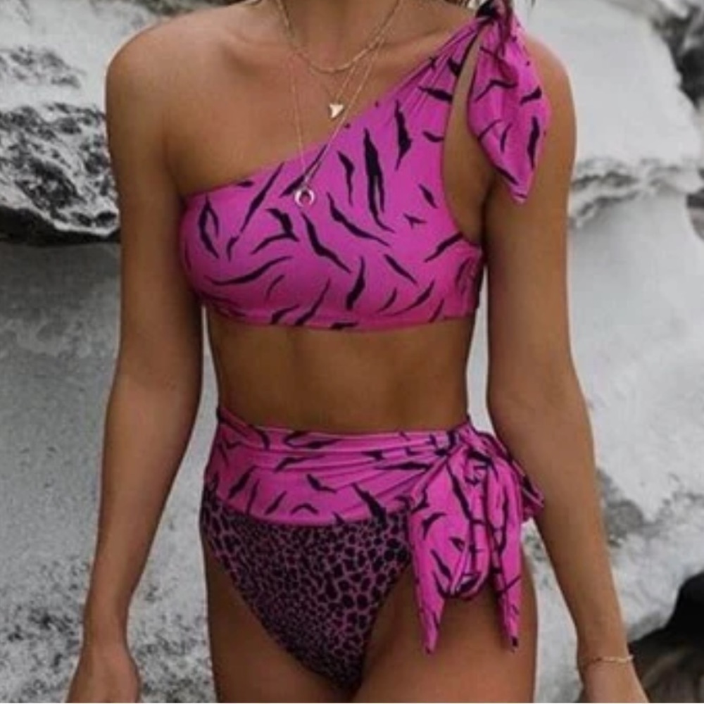 Animal Print One Shoulder Strap Bikini Tankini pink black zebra new Sz S
